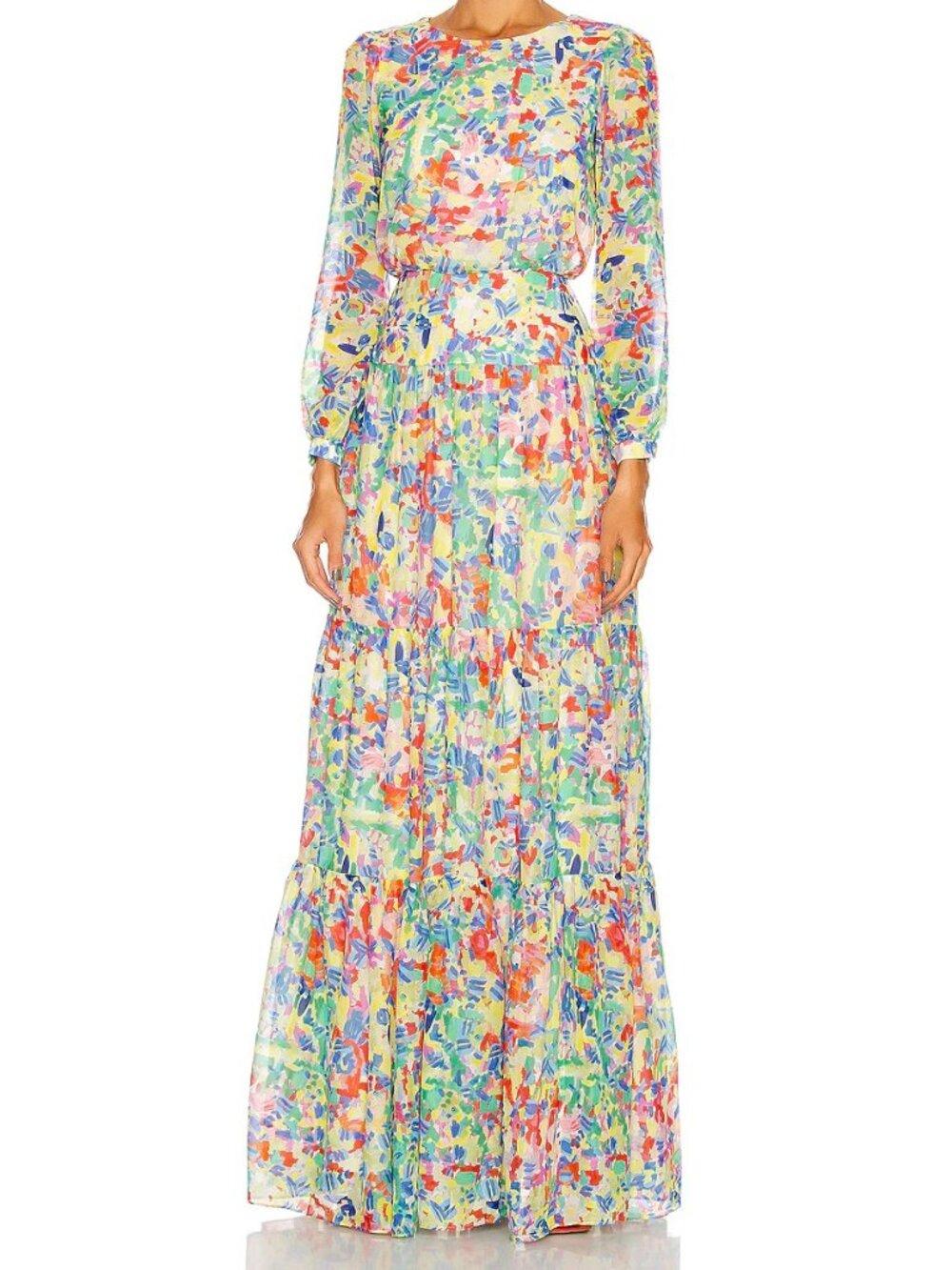Saloni Isabel Summer Confetti Printed Tiered Long Silk Dress, US 4 - Picture 1 of 6